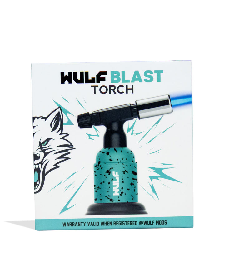 Teal Black Spatter Wulf Mods Blast Butane Torch Packaging Front View on White Background