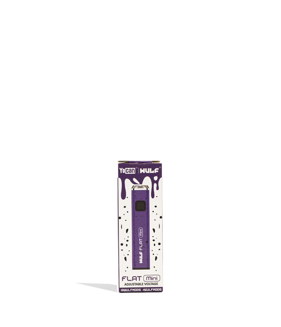 Purple Black Spatter Wulf Mods Flat Mini Cartridge Battery Packaging Front View on White Background