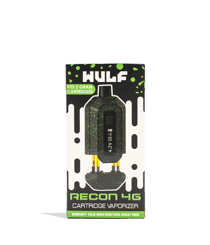 Black Green Spatter Wulf Mods Recon 4g Dual Cartridge Vaporizer Packaging Front View on White Background