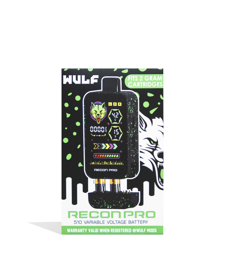 Black Green Spatter Wulf Mods Recon Pro Dual 510 Voltage Battery Packaging Front View on White Background