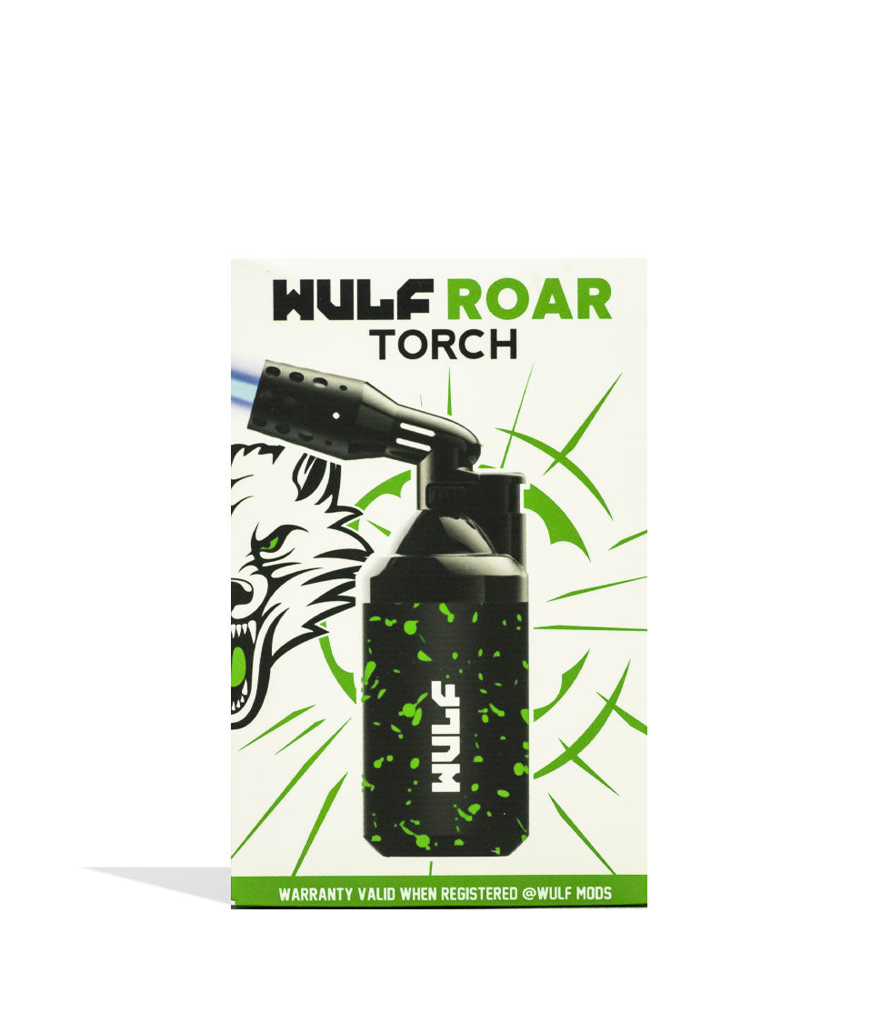 Black Green Spatter Wulf Mods Roar Butane Torch Packaging Front View on White Background