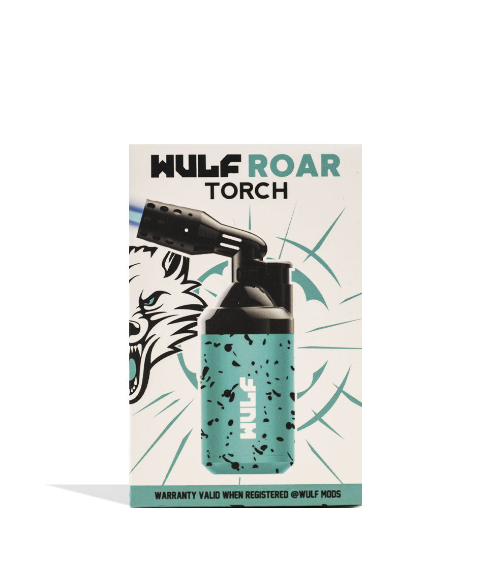 Teal Black Spatter Wulf Mods Roar Butane Torch Packaging Front View on White Background