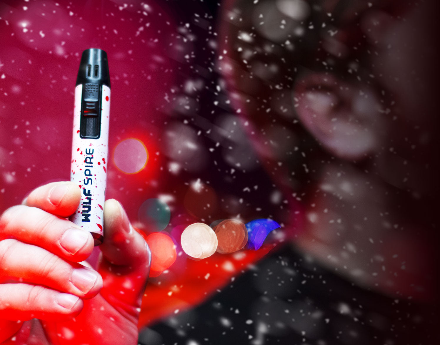 Man holding Wulf Spire under snow and red lighting