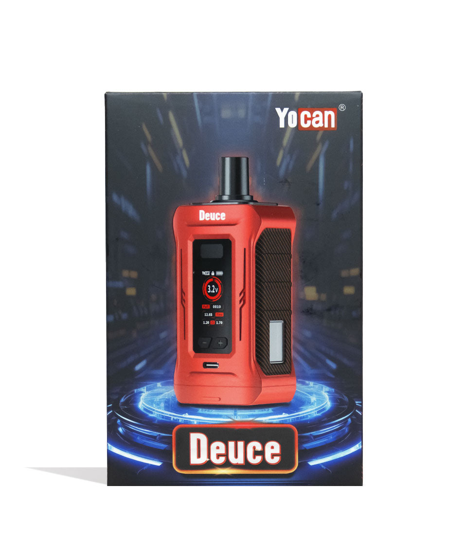 Red Yocan Deuce Dual Cartridge Battery Packaging Front View on White Background